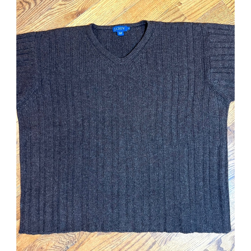 J. Crew Mens XL V-Neck Sweater 100% Wool‎ Ribbed Knit Charcoal Brown Marl